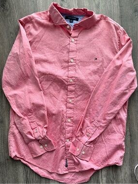 Tommy Hilfiger Red and Light Blue Collared Shirt